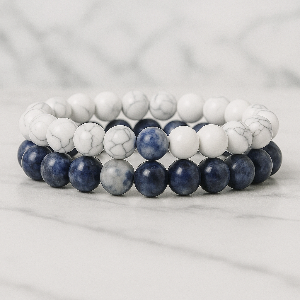 Bracelet Couple Howlite et Sodalite Bleue - Pierre Naturelle de Paix et Communication