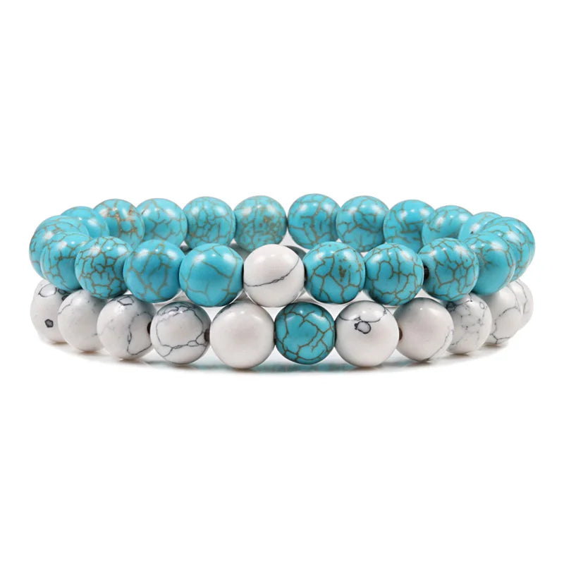 Bracelet Couple Howlite et Pierre Bleue Turquoise - Pierre Naturelle d'Apaisement et Energie Positive