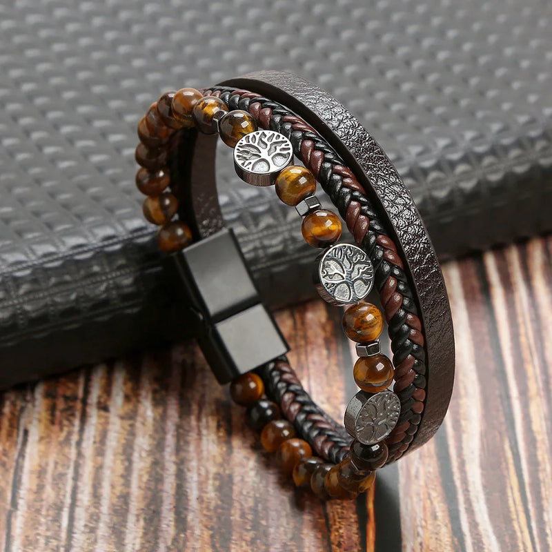 Bracelet Cuir et Œil de Tigre - Pierre Naturelle de confiance en soi et Force