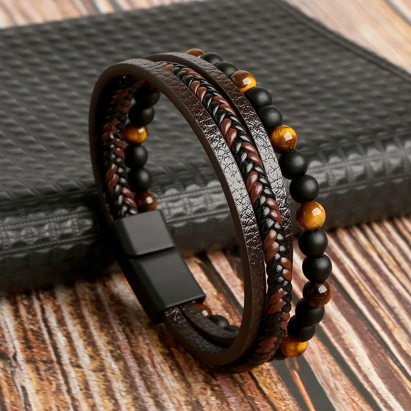 Bracelet Homme Perle noir mat et Cuir - Pierre Naturelle de Confiance en soi et Protection