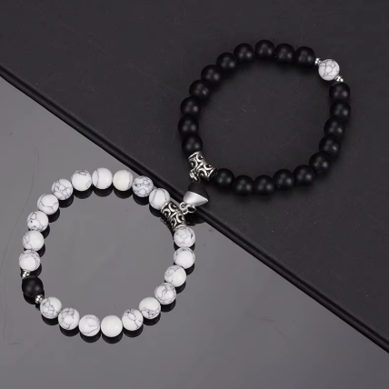 Bracelet Couple Onyx Noir Mat et Howlite - Pierre Naturelle de Protection et de Sagesse